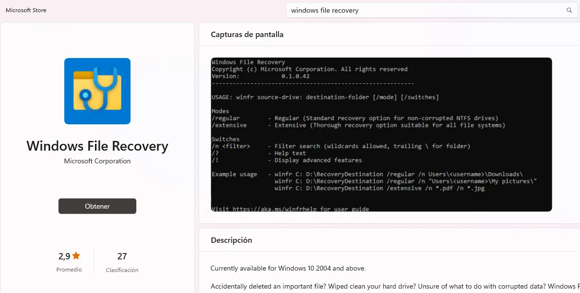 Instalación de Windows File Recovery